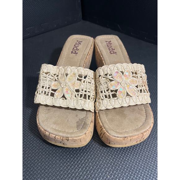 Y2K 2000s Mudd cream cork wedge sandals iridescent sequin flower embroidered 10 - Picture 3 of 9